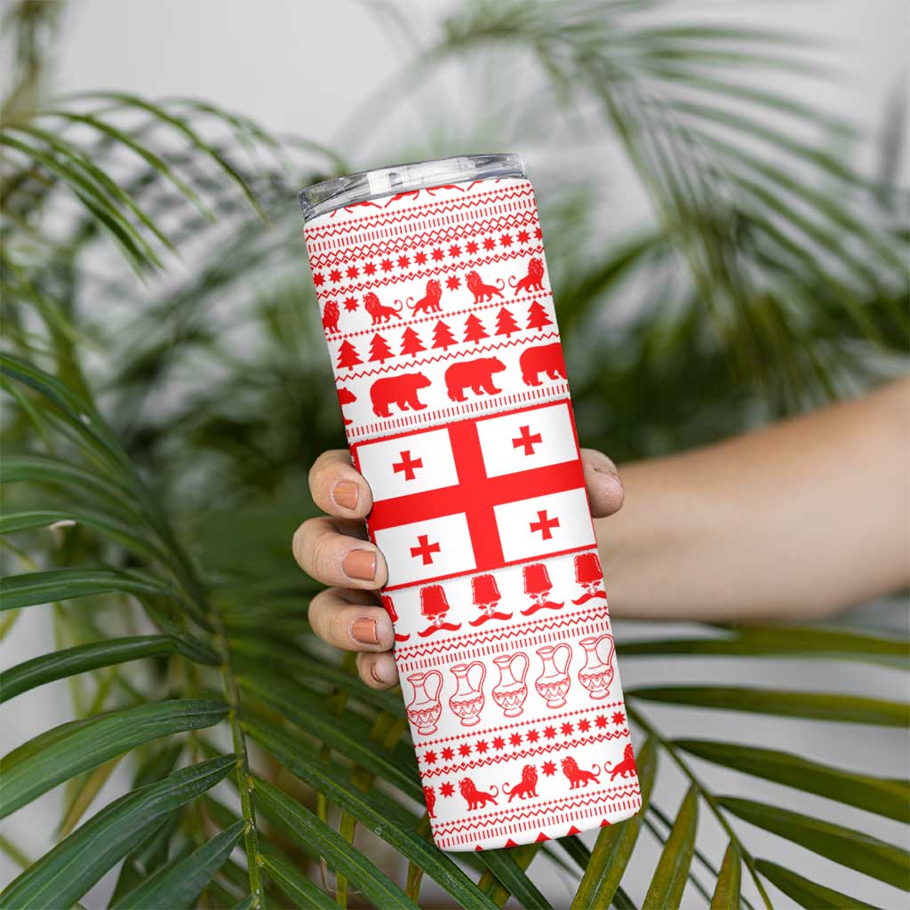 Georgia Christmas Skinny Tumbler with Bear Mountains Forest Pattern and Traditional Georgian Design - Wonder Print Shop