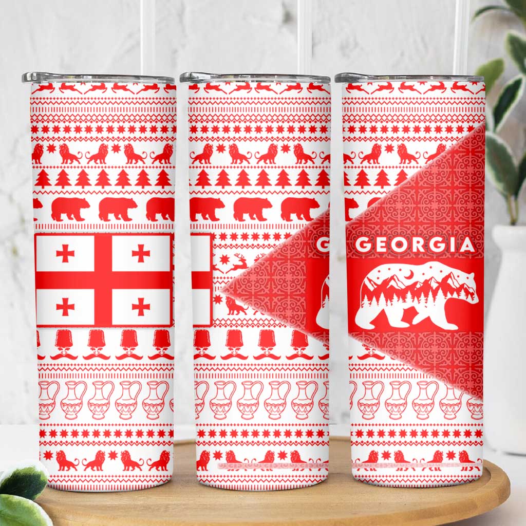 Georgia Christmas Skinny Tumbler with Bear Mountains Forest Pattern and Traditional Georgian Design - Wonder Print Shop