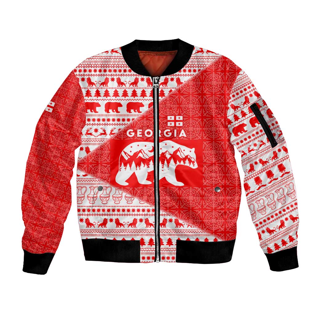 Georgia Christmas Sleeve Zip Bomber Jacket with Bear Mountains Forest Pattern and Traditional Georgian Design - Wonder Print Shop