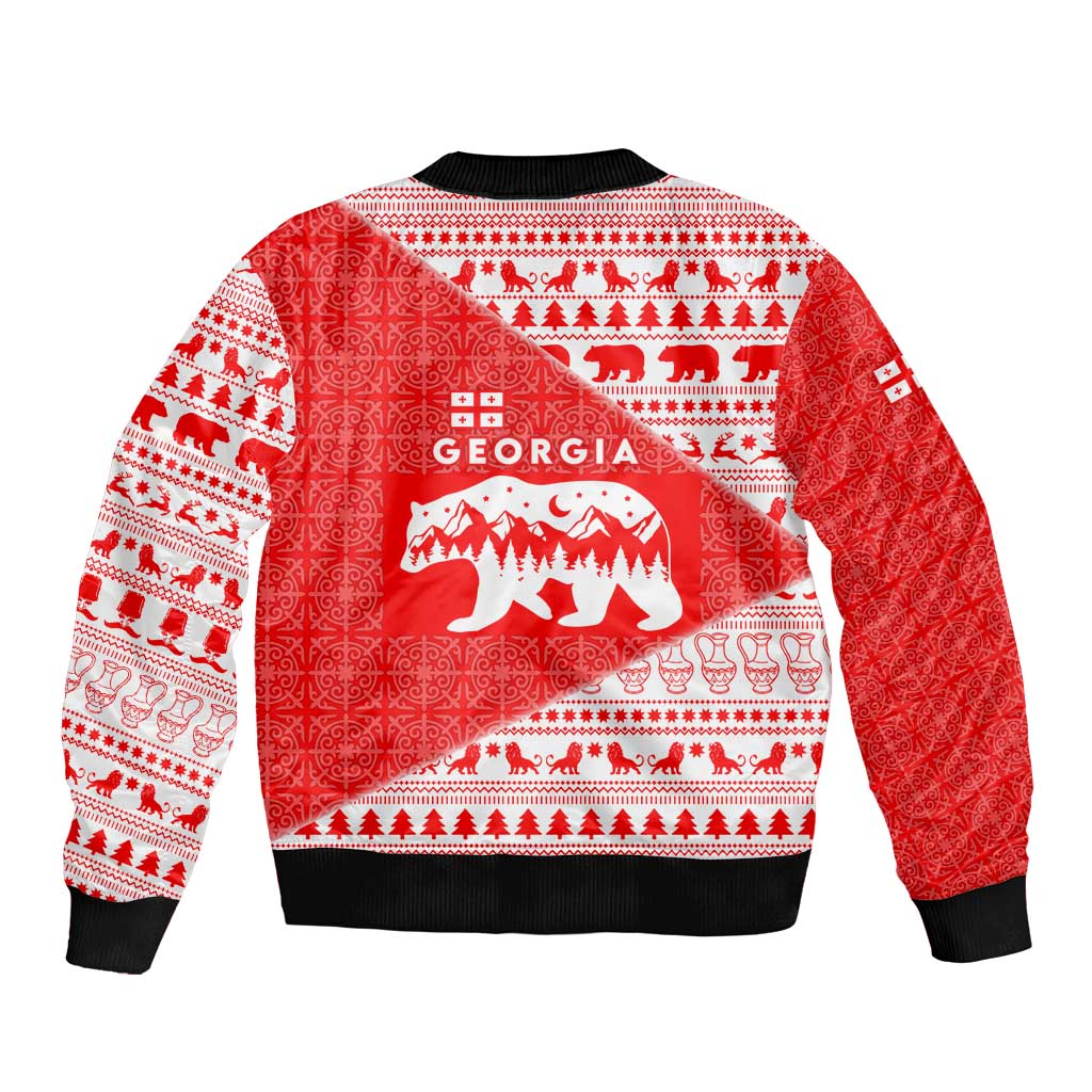 Georgia Christmas Sleeve Zip Bomber Jacket with Bear Mountains Forest Pattern and Traditional Georgian Design - Wonder Print Shop