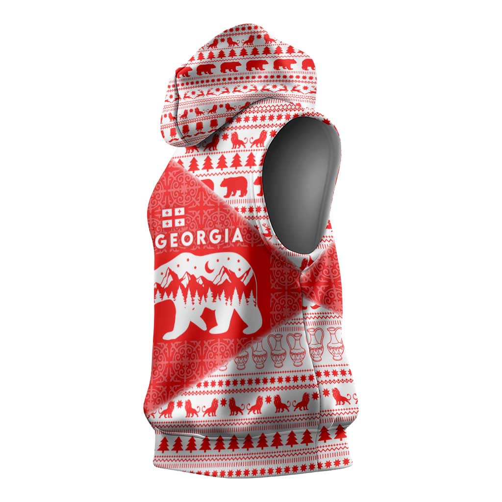Georgia Christmas Sleeveless Hoodie with Bear Mountains Forest Pattern and Traditional Georgian Design - Wonder Print Shop