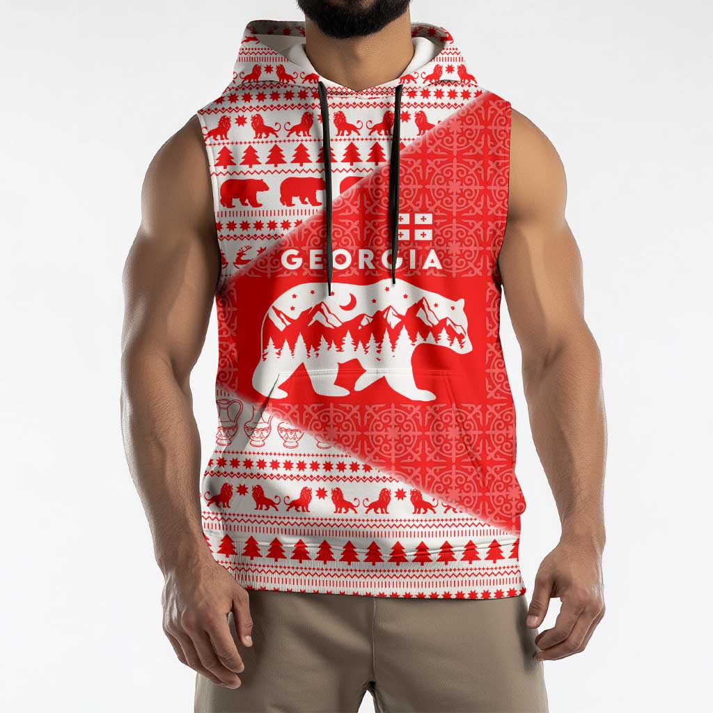 Georgia Christmas Sleeveless Hoodie with Bear Mountains Forest Pattern and Traditional Georgian Design - Wonder Print Shop
