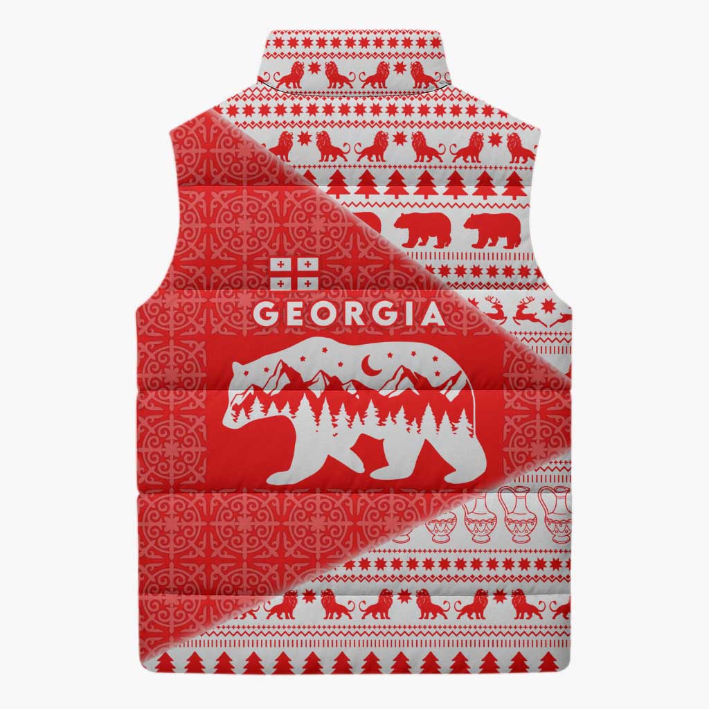 Georgia Christmas Sleeveless Puffer Jacket with Bear Mountains Forest Pattern and Traditional Georgian Design - Wonder Print Shop