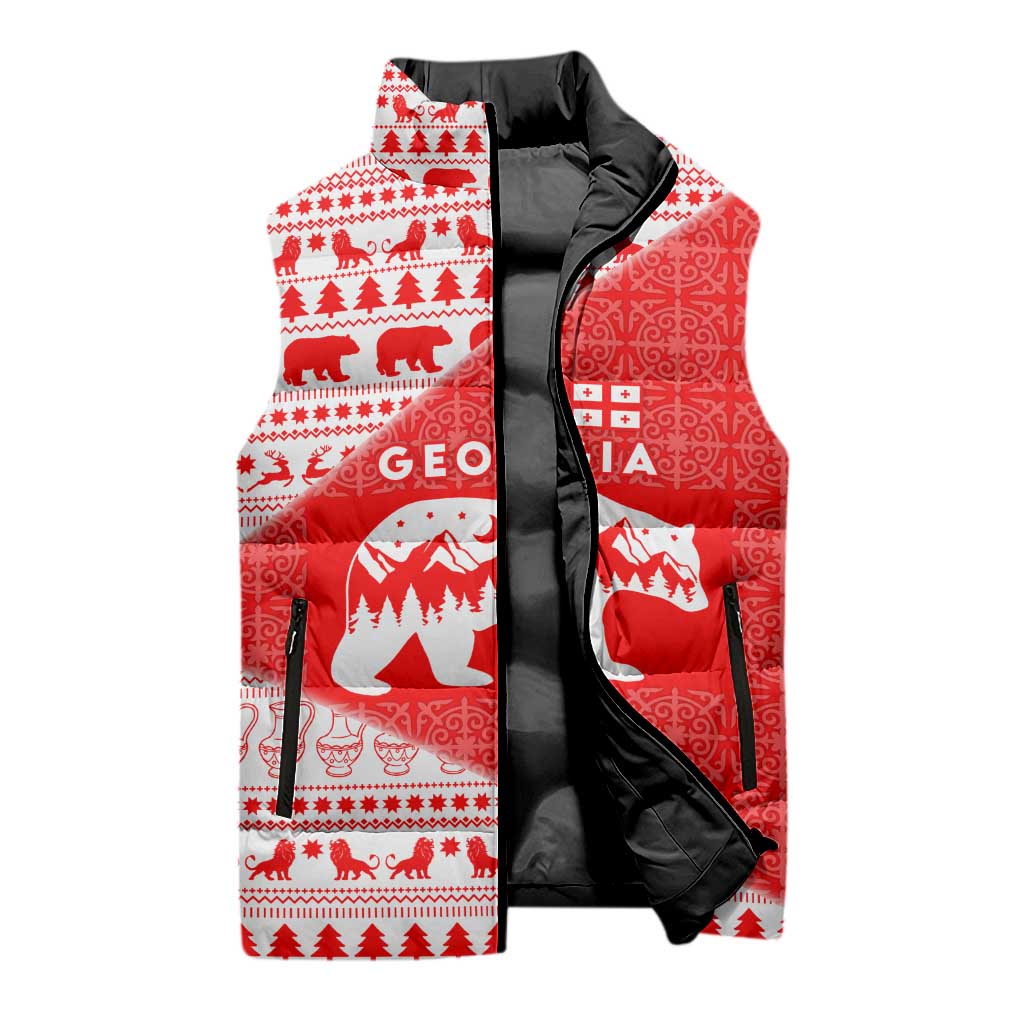 Georgia Christmas Sleeveless Puffer Jacket with Bear Mountains Forest Pattern and Traditional Georgian Design - Wonder Print Shop