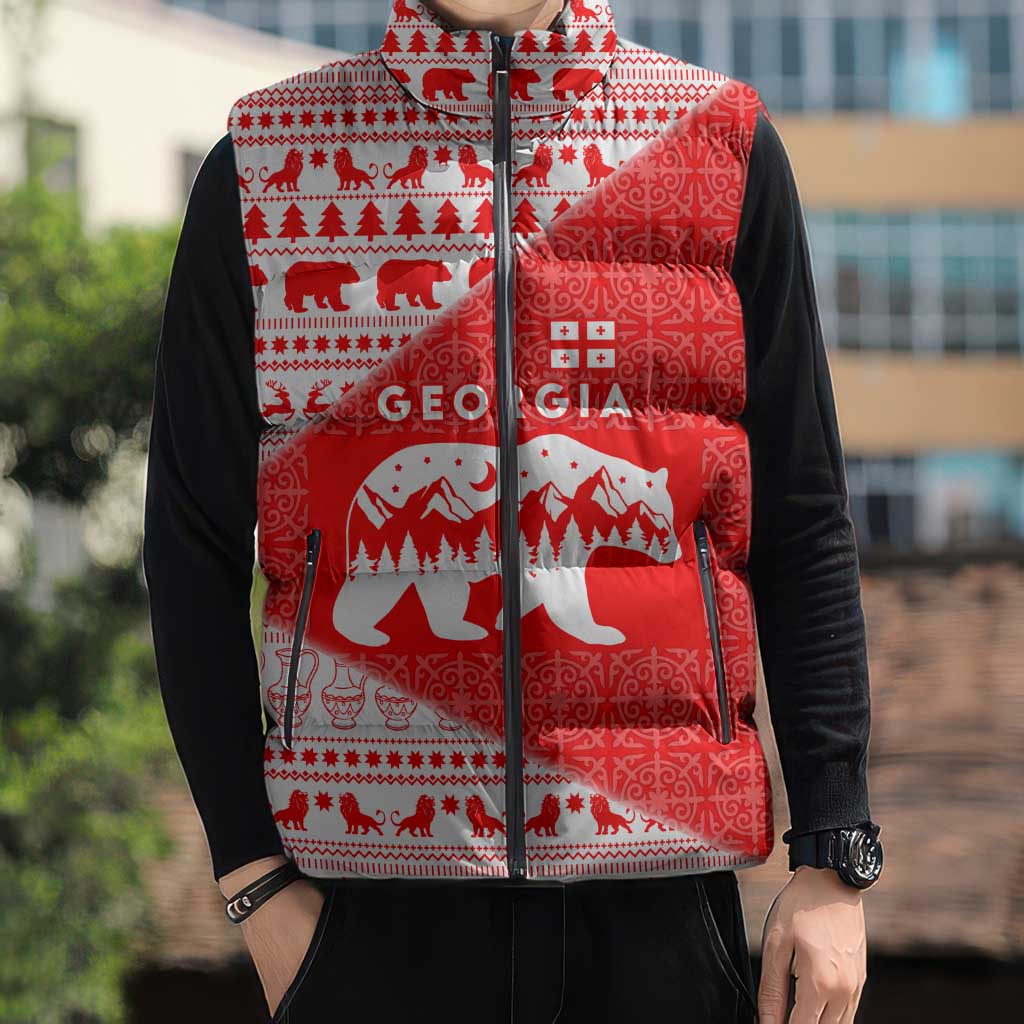 Georgia Christmas Sleeveless Puffer Jacket with Bear Mountains Forest Pattern and Traditional Georgian Design - Wonder Print Shop