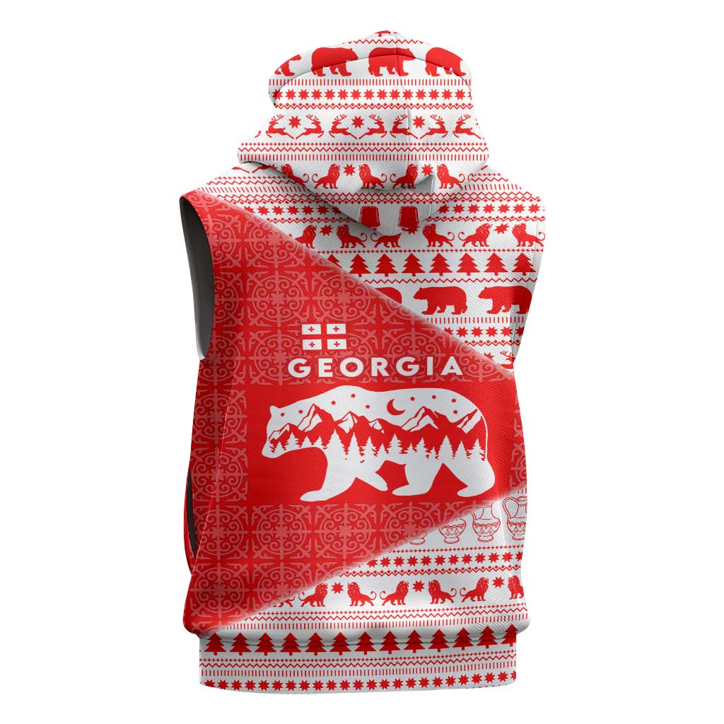 Georgia Christmas Sleeveless Zip Hoodie with Bear Mountains Forest Pattern and Traditional Georgian Design - Wonder Print Shop