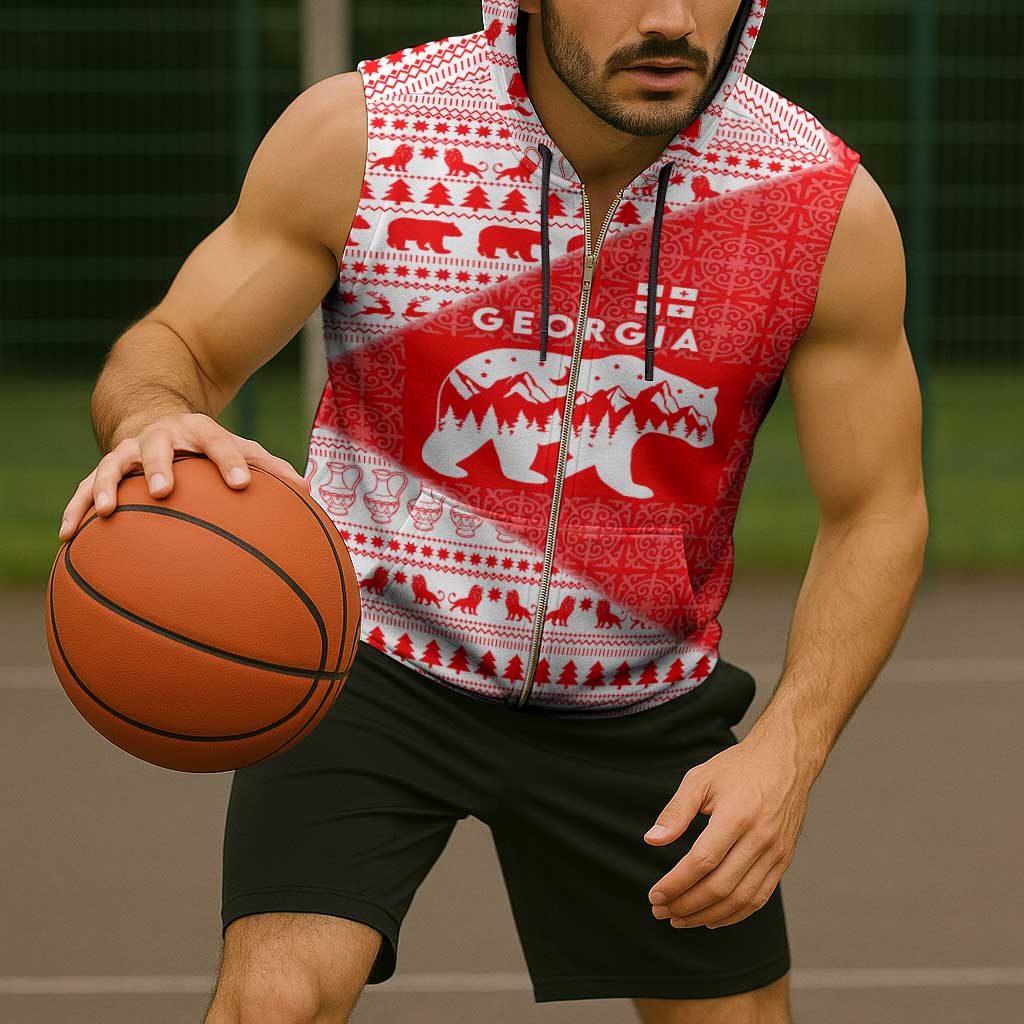 Georgia Christmas Sleeveless Zip Hoodie with Bear Mountains Forest Pattern and Traditional Georgian Design - Wonder Print Shop