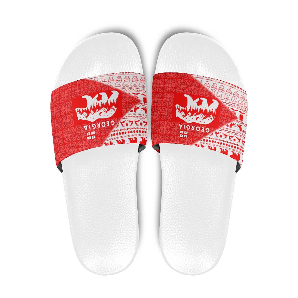 Georgia Christmas Slide Sandals with Bear Mountains Forest Pattern and Traditional Georgian Design - Wonder Print Shop