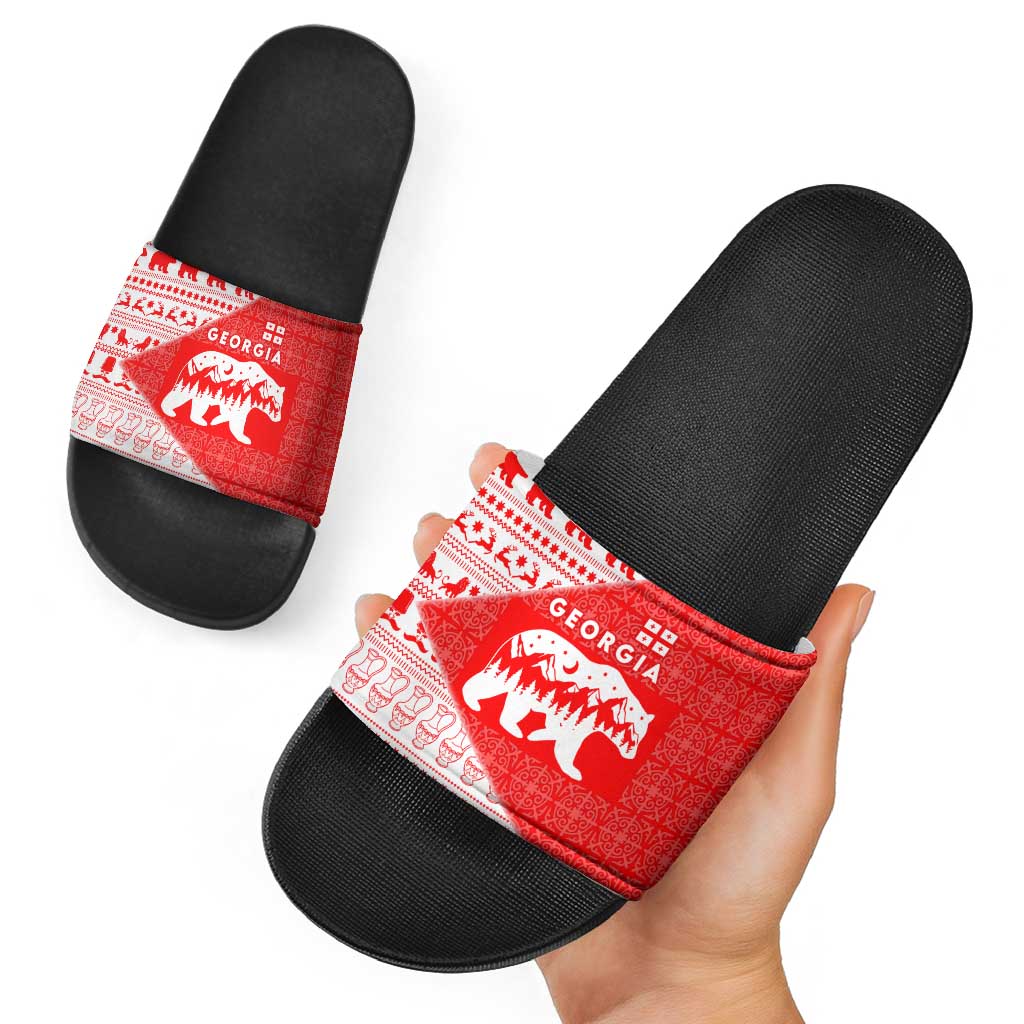 Georgia Christmas Slide Sandals with Bear Mountains Forest Pattern and Traditional Georgian Design - Wonder Print Shop
