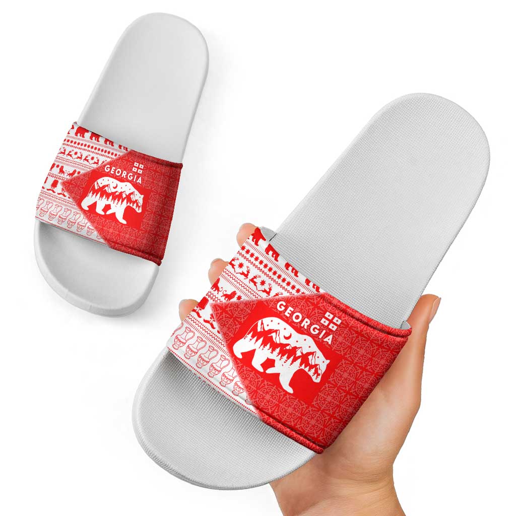 Georgia Christmas Slide Sandals with Bear Mountains Forest Pattern and Traditional Georgian Design - Wonder Print Shop