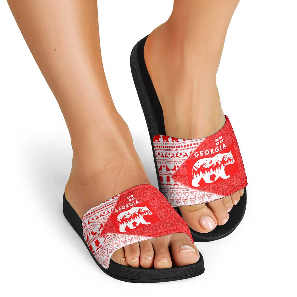 Georgia Christmas Slide Sandals with Bear Mountains Forest Pattern and Traditional Georgian Design - Wonder Print Shop