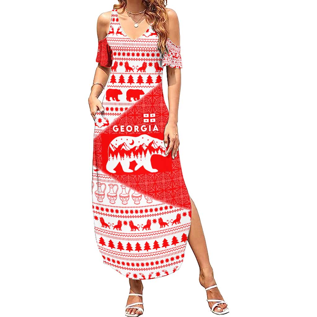 Georgia Christmas Summer Maxi Dress with Bear Mountains Forest Pattern and Traditional Georgian Design - Wonder Print Shop