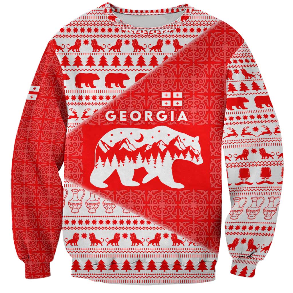 Georgia Christmas Sweatshirt with Bear Mountains Forest Pattern and Traditional Georgian Design - Wonder Print Shop
