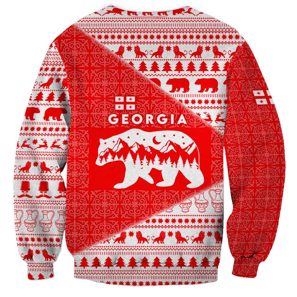 Georgia Christmas Sweatshirt with Bear Mountains Forest Pattern and Traditional Georgian Design - Wonder Print Shop