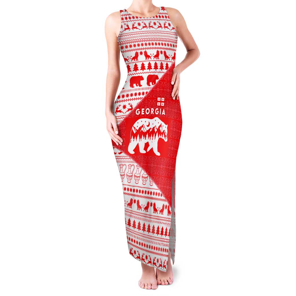 Georgia Christmas Tank Maxi Dress with Bear Mountains Forest Pattern and Traditional Georgian Design - Wonder Print Shop