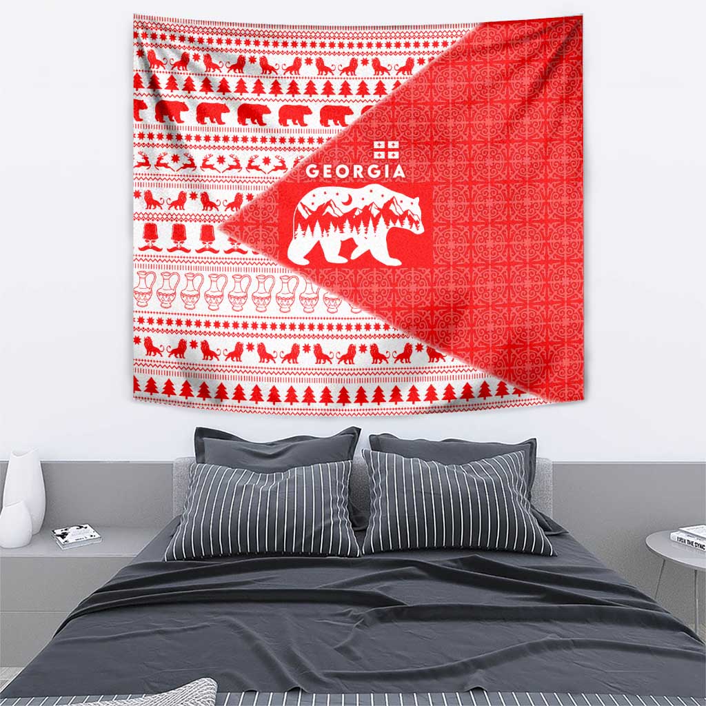 Georgia Christmas Tapestry with Bear Mountains Forest Pattern and Traditional Georgian Design - Wonder Print Shop