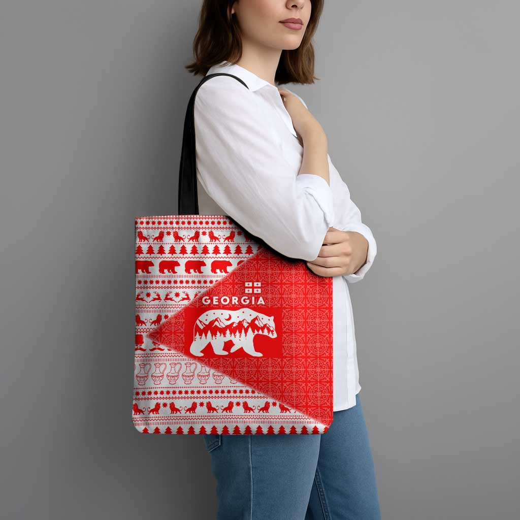 Georgia Christmas Tote Bag with Bear Mountains Forest Pattern and Traditional Georgian Design - Wonder Print Shop