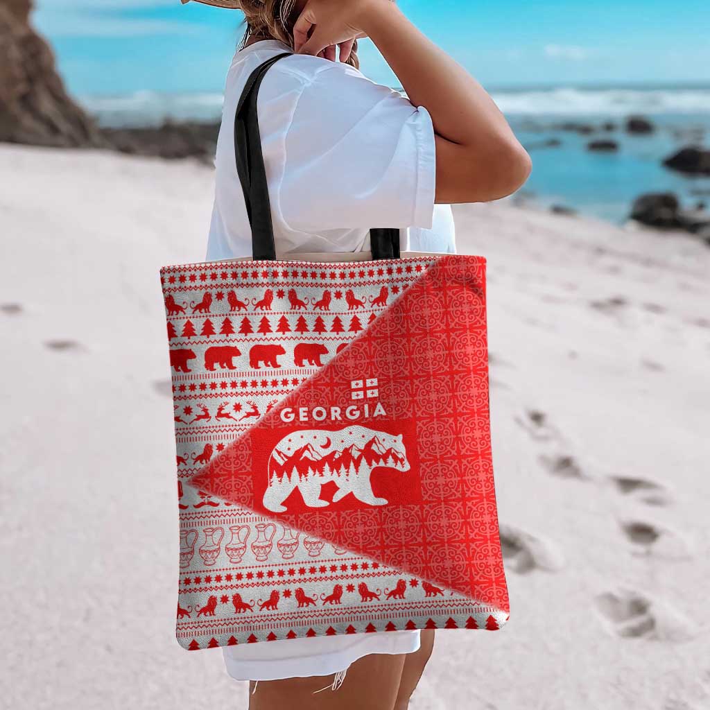 Georgia Christmas Tote Bag with Bear Mountains Forest Pattern and Traditional Georgian Design - Wonder Print Shop