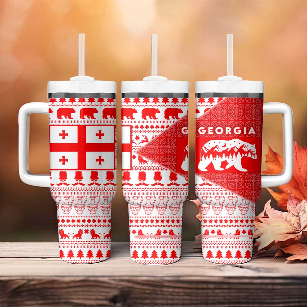 Georgia Christmas Tumbler With Handle with Bear Mountains Forest Pattern and Traditional Georgian Design - Wonder Print Shop