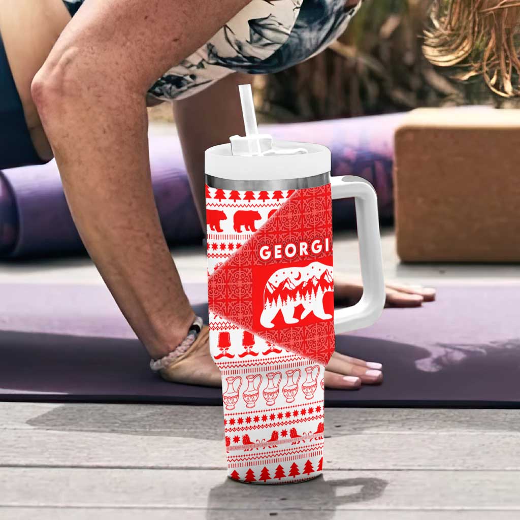 Georgia Christmas Tumbler With Handle with Bear Mountains Forest Pattern and Traditional Georgian Design - Wonder Print Shop