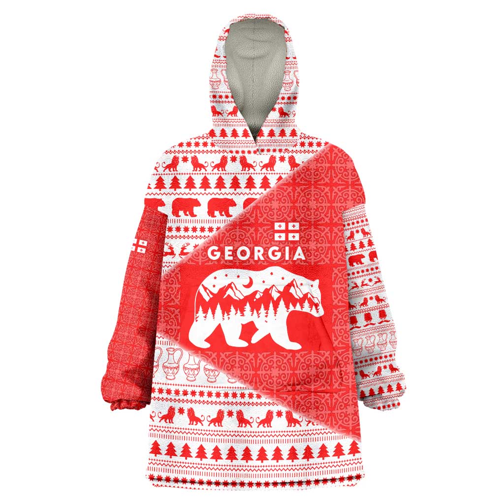 Georgia Christmas Wearable Blanket Hoodie with Bear Mountains Forest Pattern and Traditional Georgian Design - Wonder Print Shop