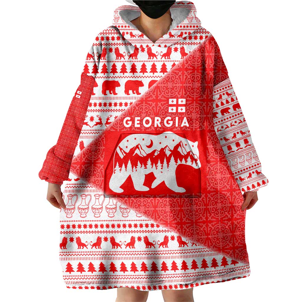 Georgia Christmas Wearable Blanket Hoodie with Bear Mountains Forest Pattern and Traditional Georgian Design - Wonder Print Shop