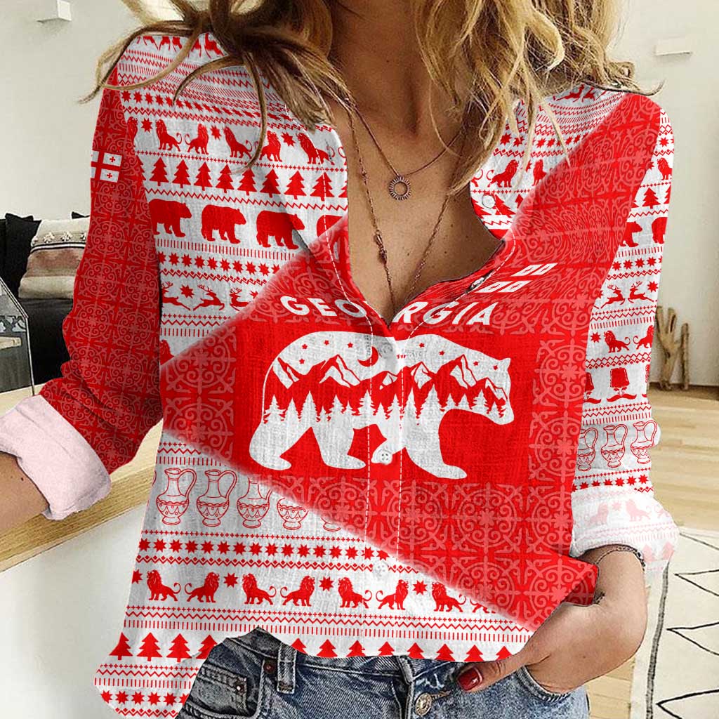 Georgia Christmas Women Casual Shirt with Bear Mountains Forest Pattern and Traditional Georgian Design - Wonder Print Shop