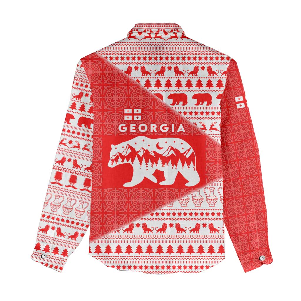 Georgia Christmas Women Casual Shirt with Bear Mountains Forest Pattern and Traditional Georgian Design - Wonder Print Shop