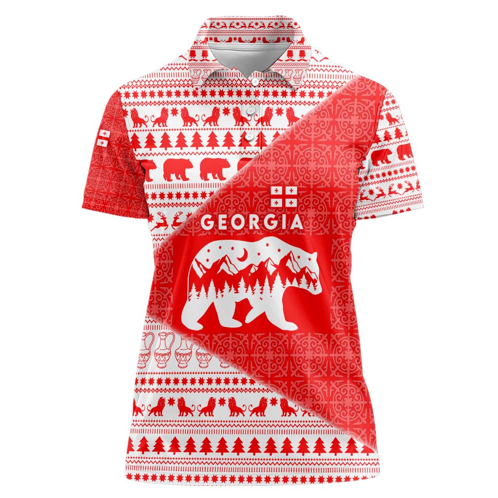 Georgia Christmas Women Polo Shirt with Bear Mountains Forest Pattern and Traditional Georgian Design - Wonder Print Shop