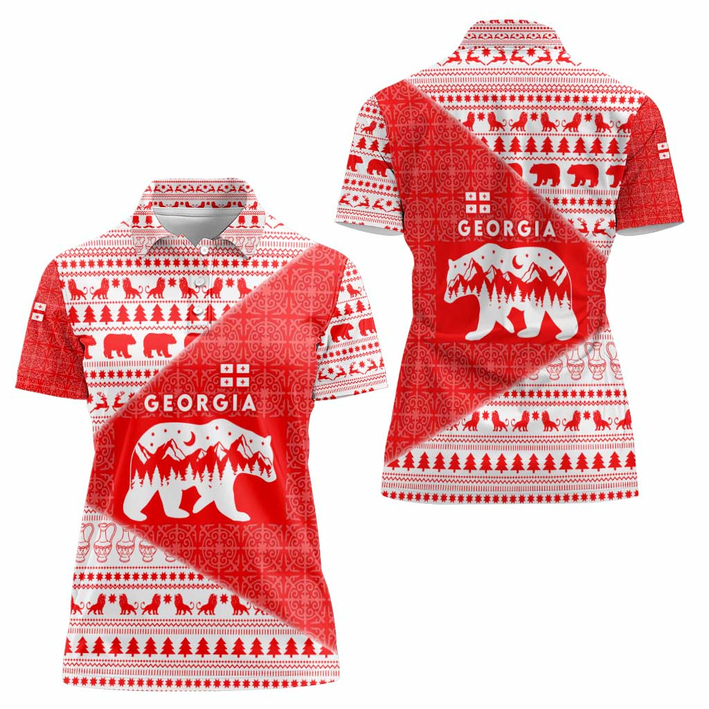 Georgia Christmas Women Polo Shirt with Bear Mountains Forest Pattern and Traditional Georgian Design - Wonder Print Shop