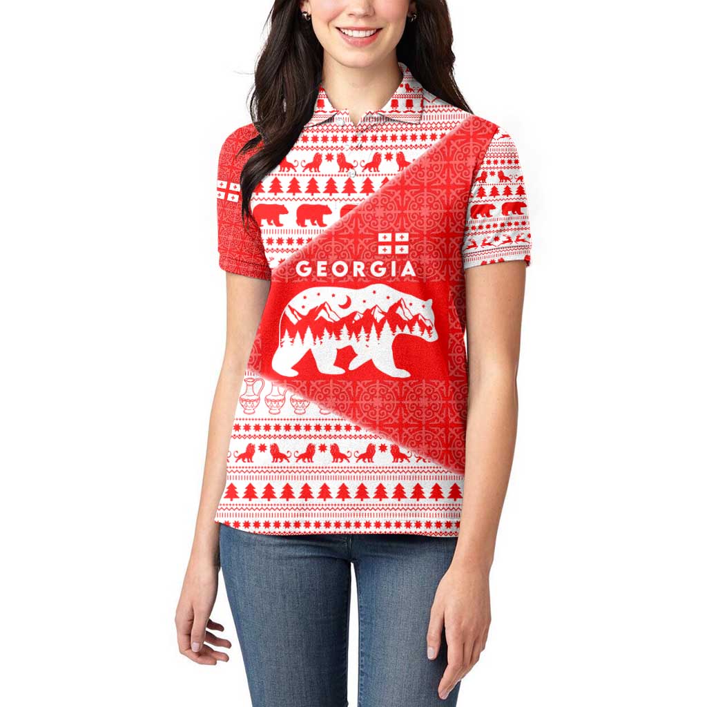 Georgia Christmas Women Polo Shirt with Bear Mountains Forest Pattern and Traditional Georgian Design - Wonder Print Shop