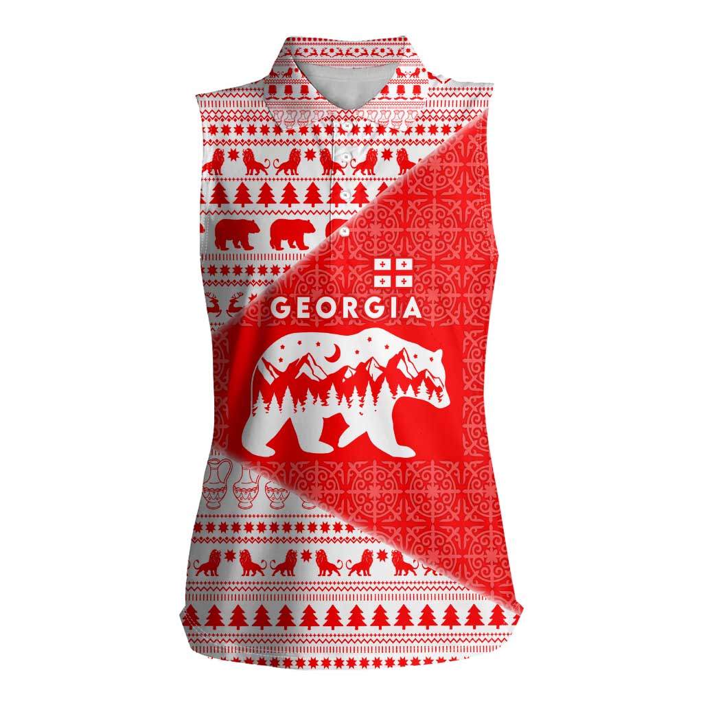 Georgia Christmas Women Sleeveless Polo Shirt with Bear Mountains Forest Pattern and Traditional Georgian Design - Wonder Print Shop