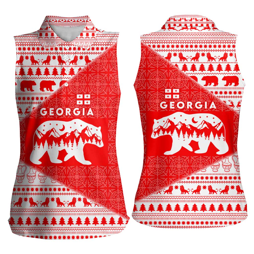 Georgia Christmas Women Sleeveless Polo Shirt with Bear Mountains Forest Pattern and Traditional Georgian Design - Wonder Print Shop