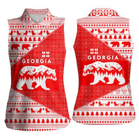 Georgia Christmas Women Sleeveless Polo Shirt with Bear Mountains Forest Pattern and Traditional Georgian Design - Wonder Print Shop