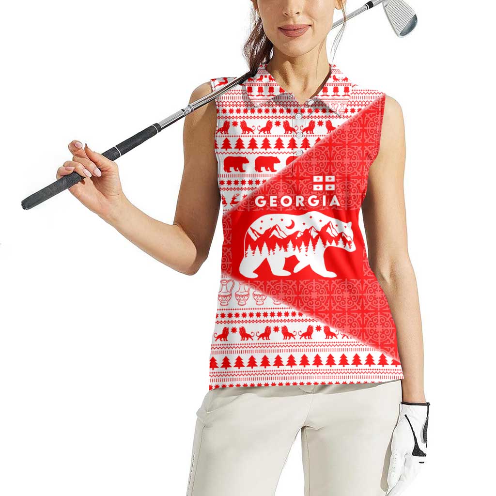 Georgia Christmas Women Sleeveless Polo Shirt with Bear Mountains Forest Pattern and Traditional Georgian Design - Wonder Print Shop