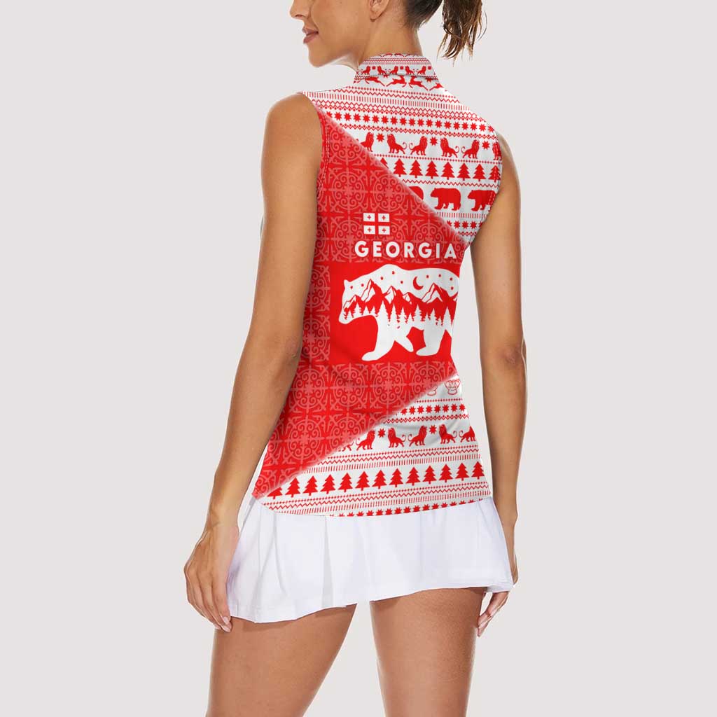 Georgia Christmas Women Sleeveless Polo Shirt with Bear Mountains Forest Pattern and Traditional Georgian Design - Wonder Print Shop