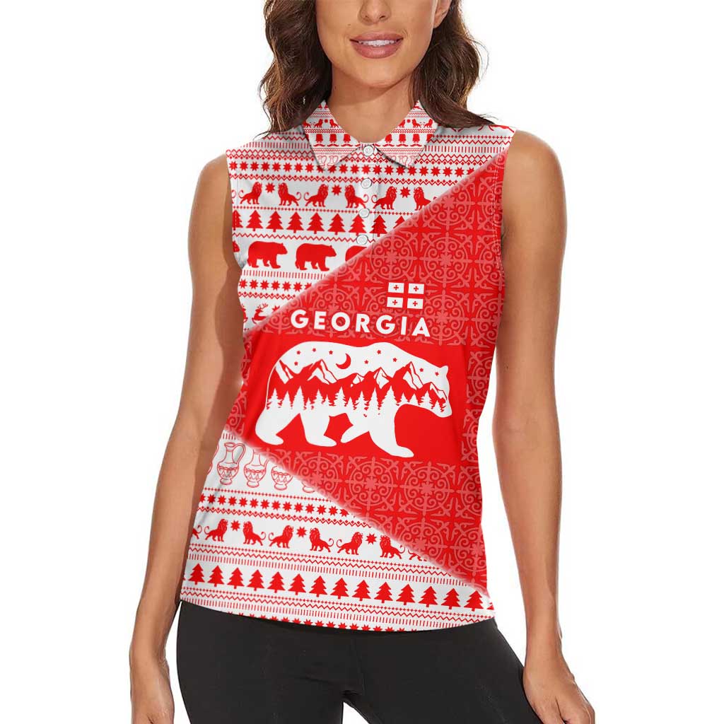Georgia Christmas Women Sleeveless Polo Shirt with Bear Mountains Forest Pattern and Traditional Georgian Design - Wonder Print Shop