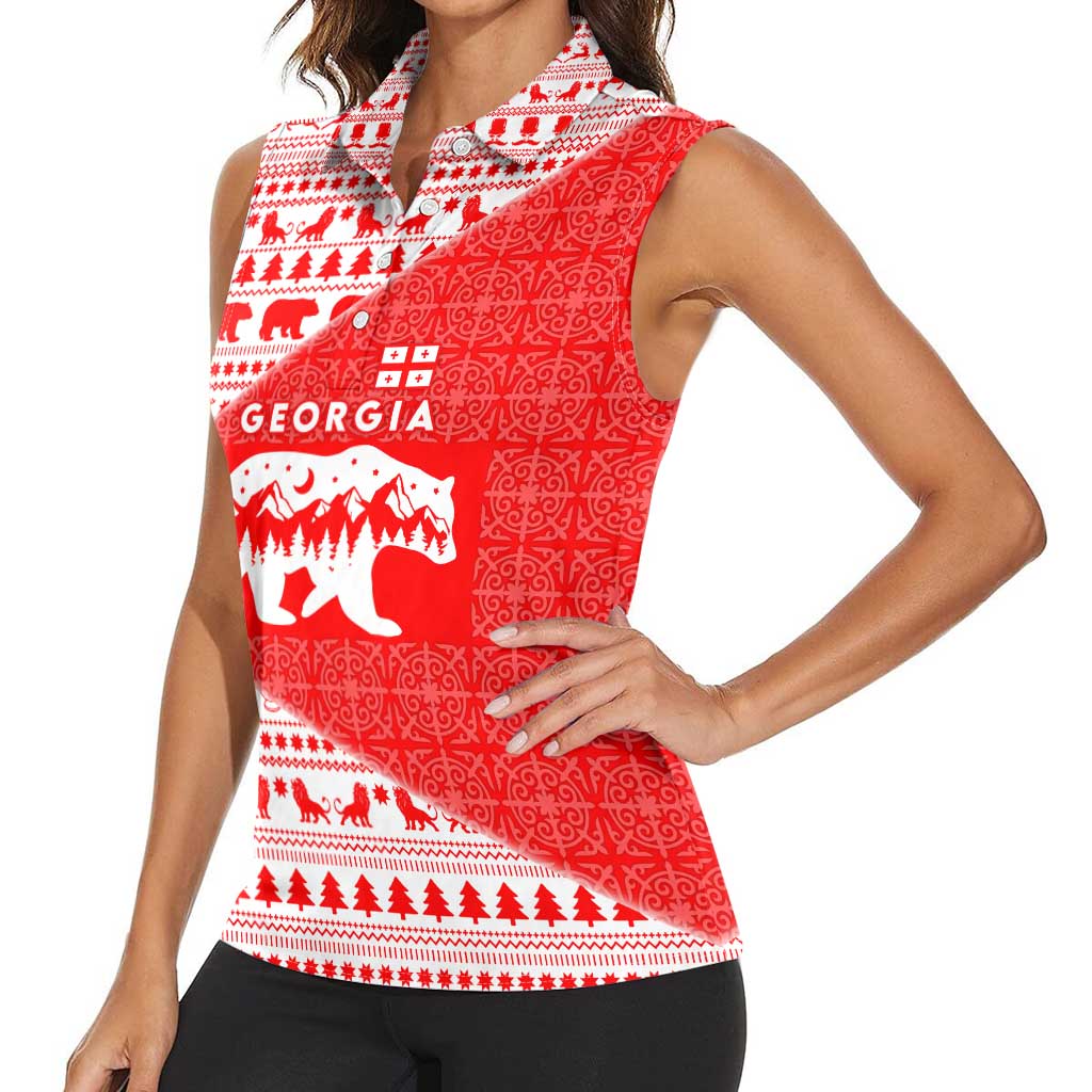 Georgia Christmas Women Sleeveless Polo Shirt with Bear Mountains Forest Pattern and Traditional Georgian Design - Wonder Print Shop