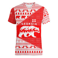 Georgia Christmas Women V-Neck T-Shirt with Bear Mountains Forest Pattern and Traditional Georgian Design - Wonder Print Shop