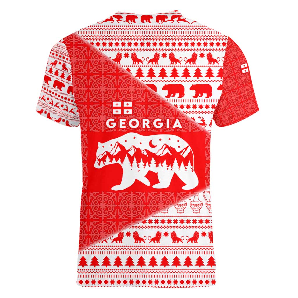Georgia Christmas Women V-Neck T-Shirt with Bear Mountains Forest Pattern and Traditional Georgian Design - Wonder Print Shop