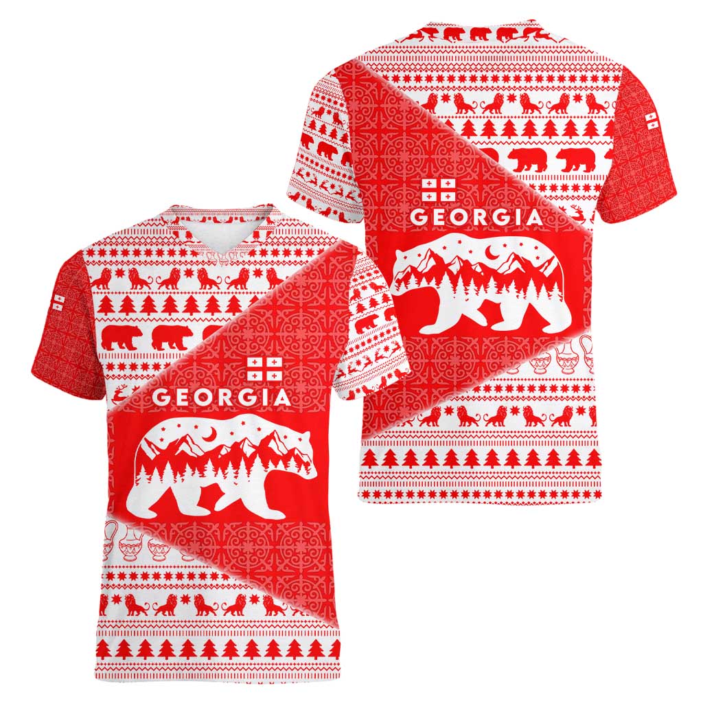 Georgia Christmas Women V-Neck T-Shirt with Bear Mountains Forest Pattern and Traditional Georgian Design - Wonder Print Shop