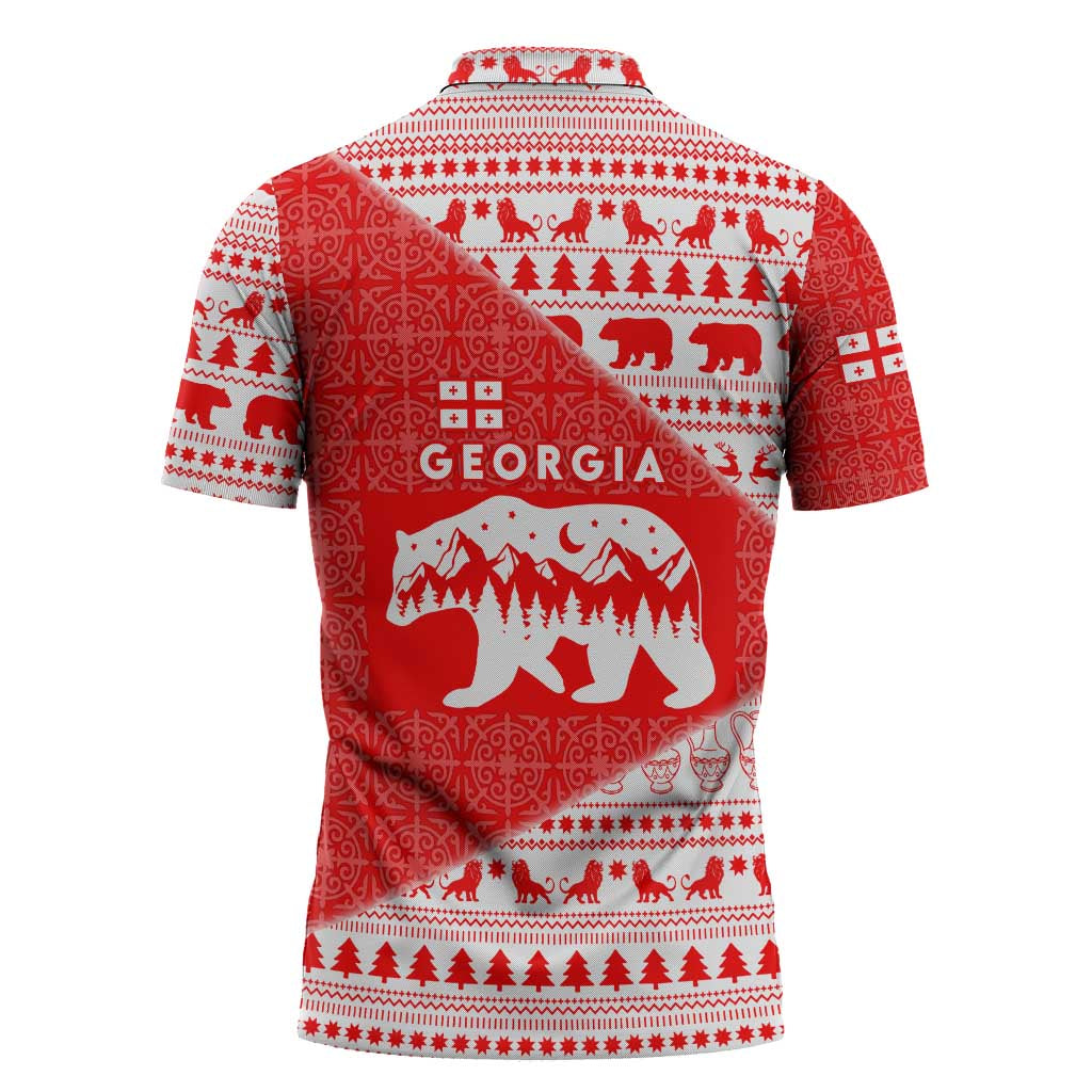 Georgia Christmas Zipper Polo Shirt with Bear Mountains Forest Pattern and Traditional Georgian Design - Wonder Print Shop