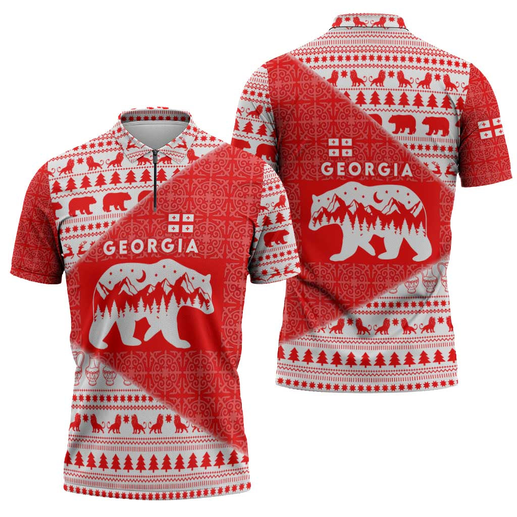 Georgia Christmas Zipper Polo Shirt with Bear Mountains Forest Pattern and Traditional Georgian Design - Wonder Print Shop