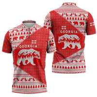 Georgia Christmas Zipper Polo Shirt with Bear Mountains Forest Pattern and Traditional Georgian Design - Wonder Print Shop