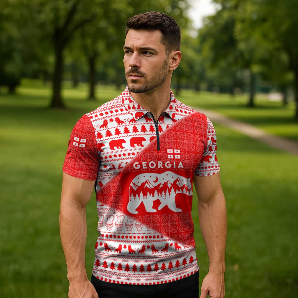 Georgia Christmas Zipper Polo Shirt with Bear Mountains Forest Pattern and Traditional Georgian Design - Wonder Print Shop