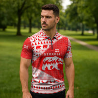 Georgia Christmas Zipper Polo Shirt with Bear Mountains Forest Pattern and Traditional Georgian Design - Wonder Print Shop