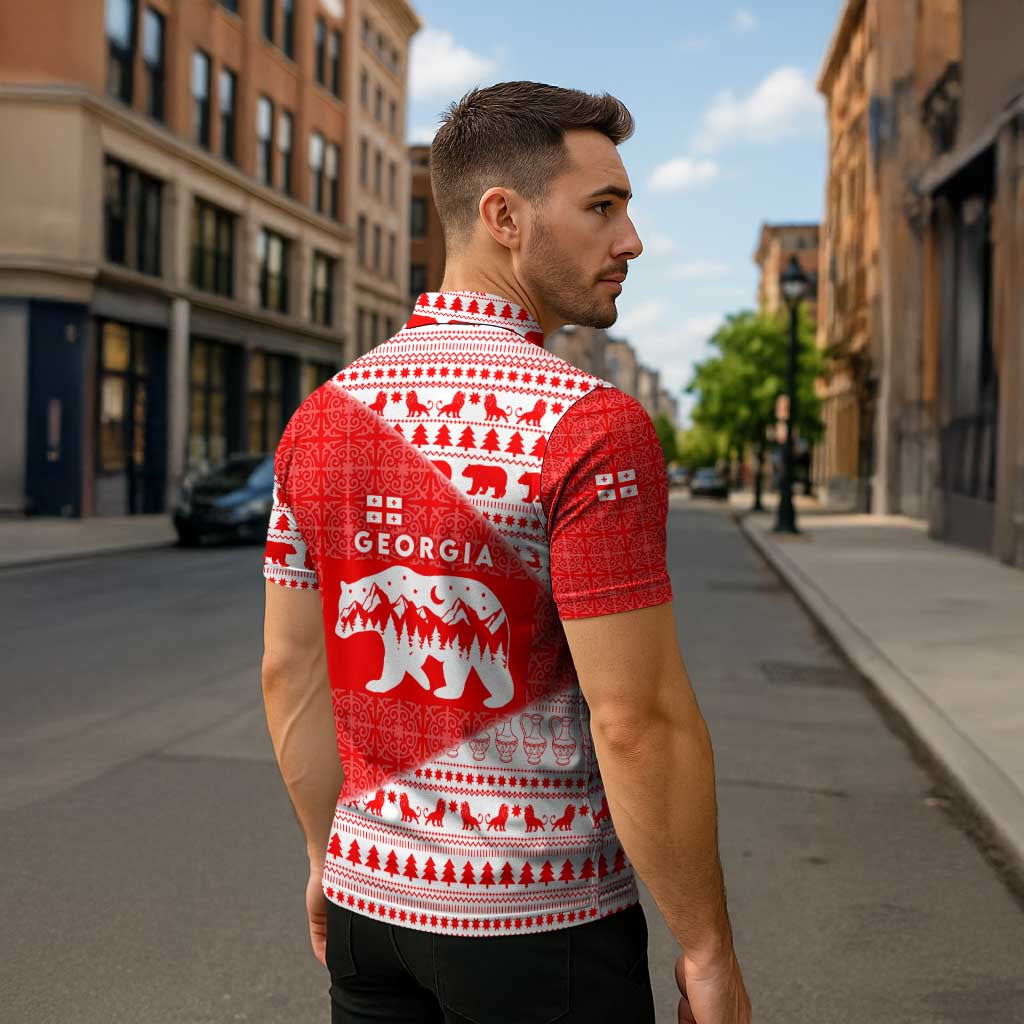 Georgia Christmas Zipper Polo Shirt with Bear Mountains Forest Pattern and Traditional Georgian Design - Wonder Print Shop