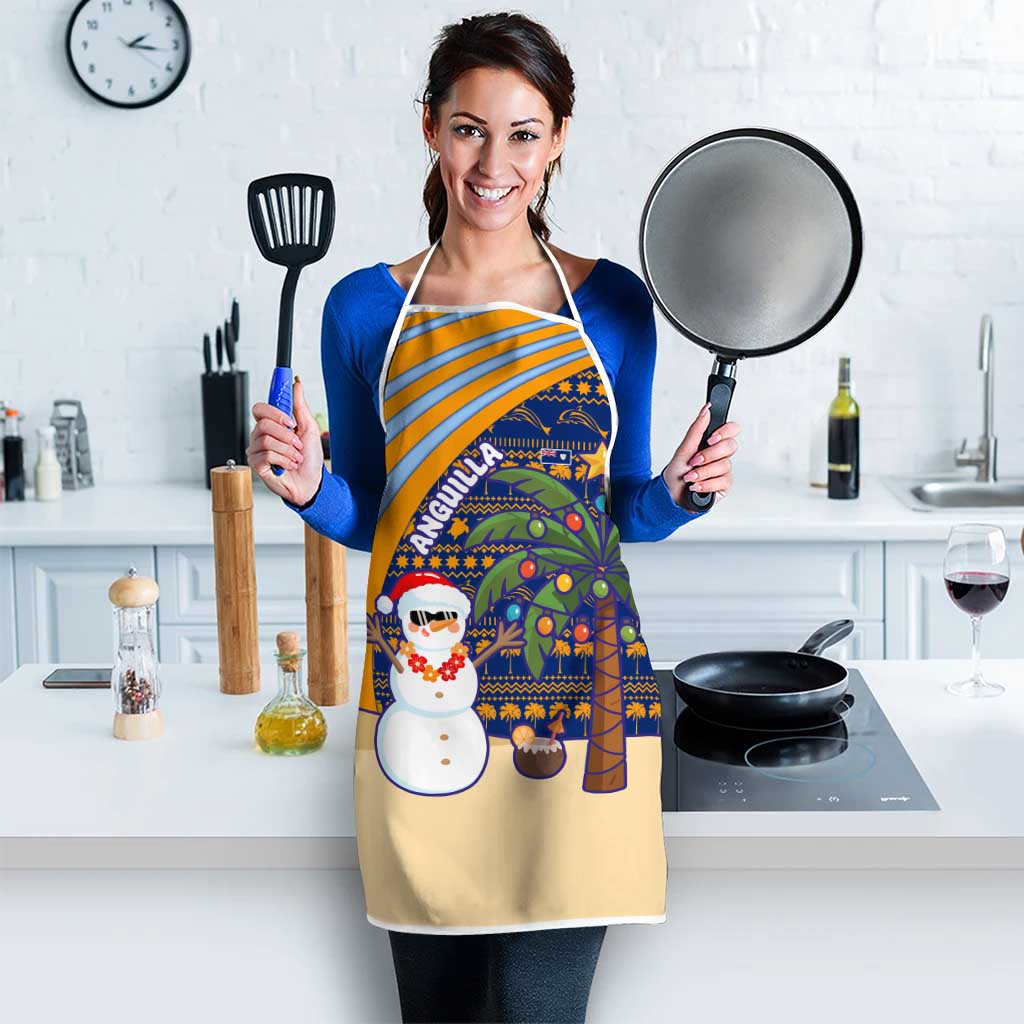 Anguilla Christmas Apron with Snowman Palm Tree Ornaments Coconut Drink and Island Pattern Design - Wonder Print Shop