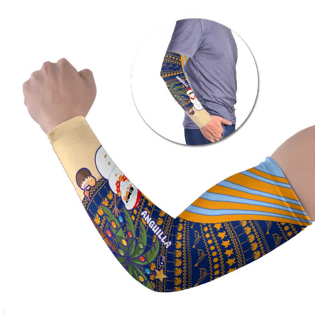 Anguilla Christmas Arm Sleeves with Snowman Palm Tree Ornaments Coconut Drink and Island Pattern Design - Wonder Print Shop