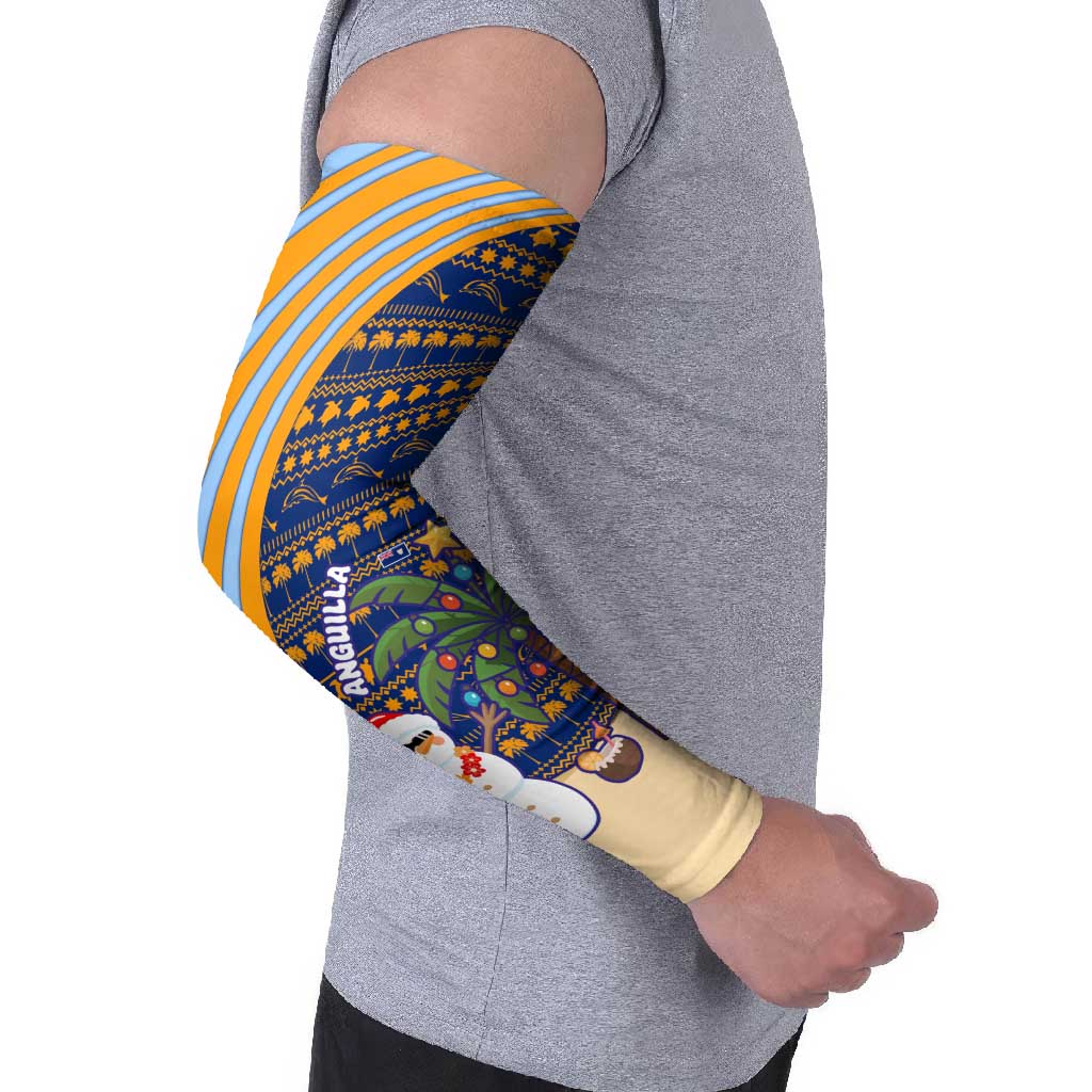 Anguilla Christmas Arm Sleeves with Snowman Palm Tree Ornaments Coconut Drink and Island Pattern Design - Wonder Print Shop